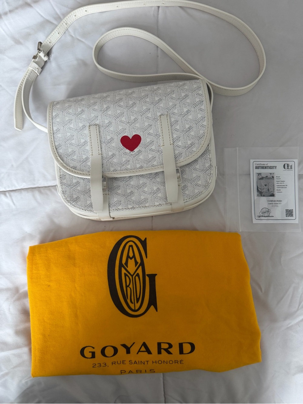Goyard White Coated Canvas Crossbody with Red Heart Accent